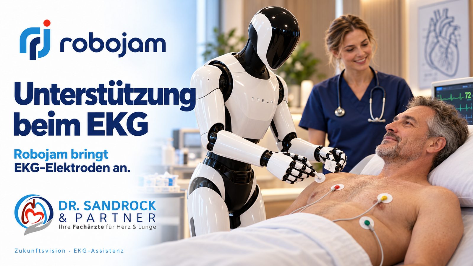 Humanoider Roboter bringt EKG-Elektroden an, eine Pflegekraft schaut zu