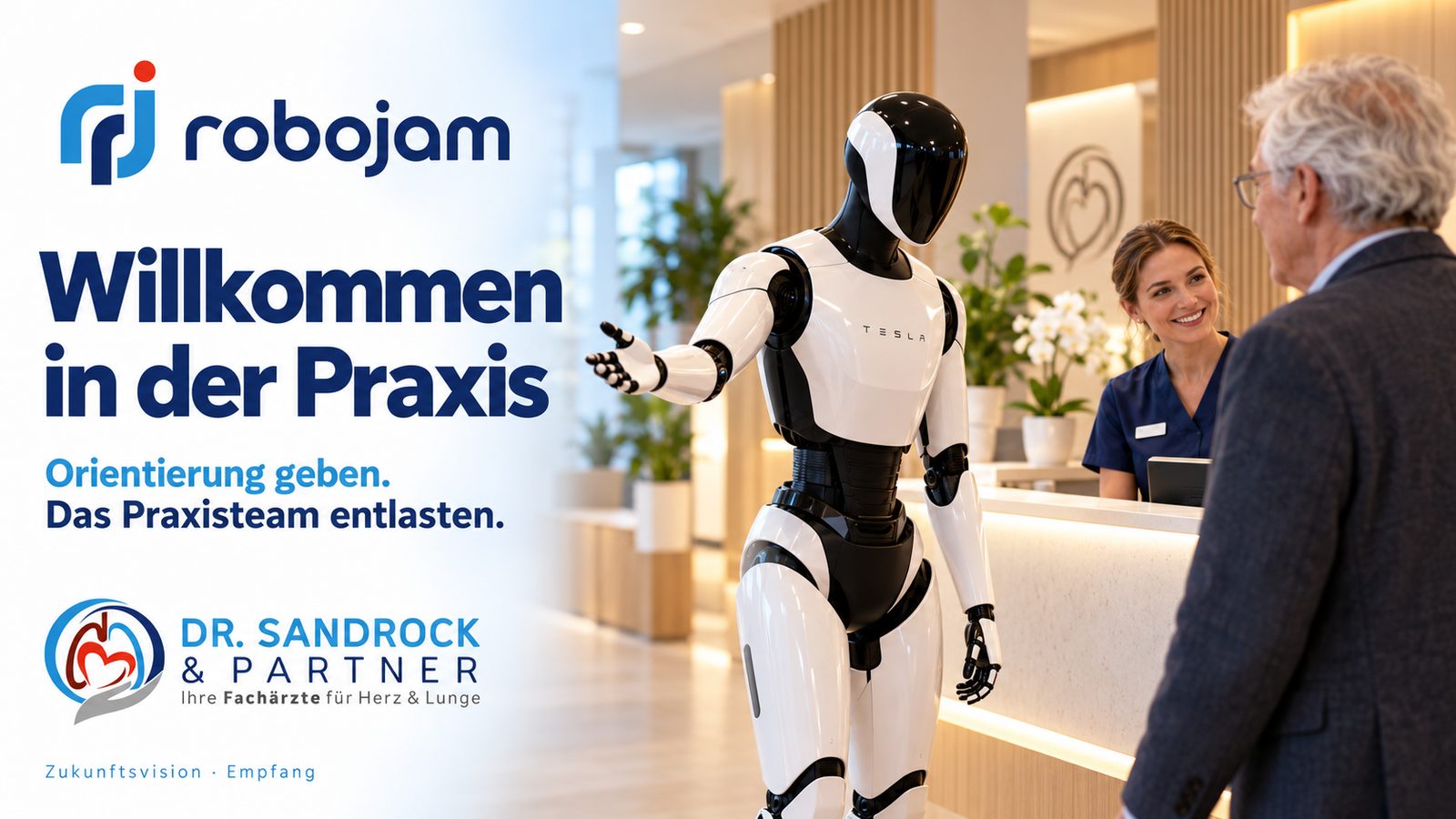 Humanoider Roboter begrüßt einen Patienten am Praxisempfang