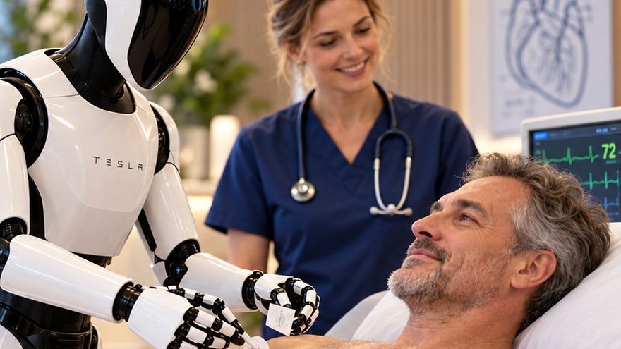 Humanoid robot attaching ECG electrodes while a nurse watches
