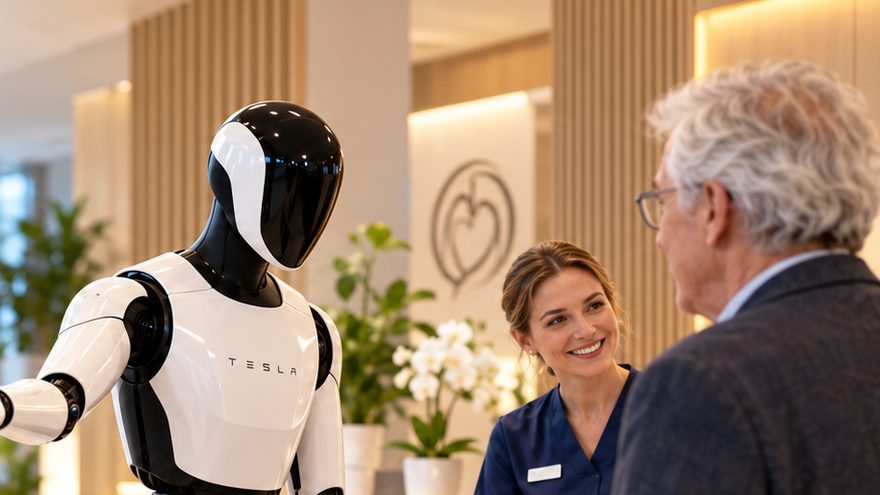 Humanoid robot greeting a patient at the practice entrance