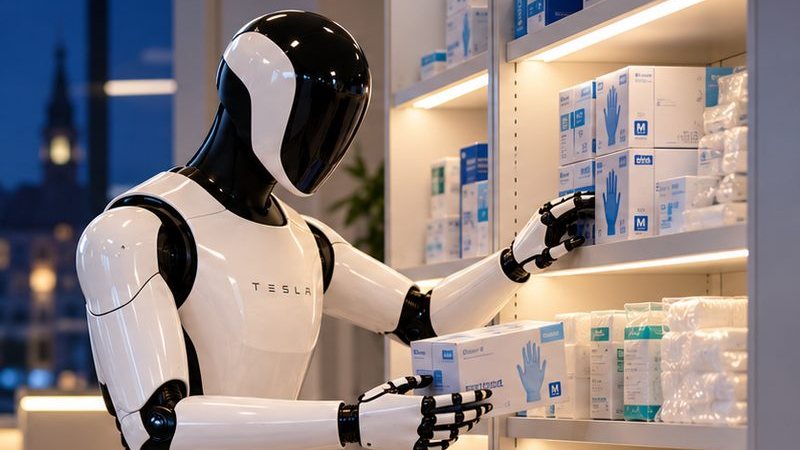 Humanoid robot stocking shelves with supplies at night