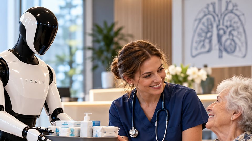 Humanoid robot handing a tray of supplies to a nurse, an elderly patient smiles