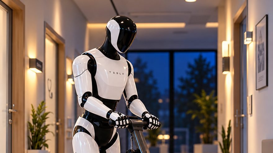 Humanoid robot cleaning the practice corridor at night with a cleaning machine