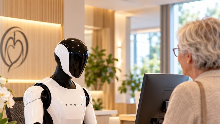 Humanoid robot working at a computer at the reception desk
