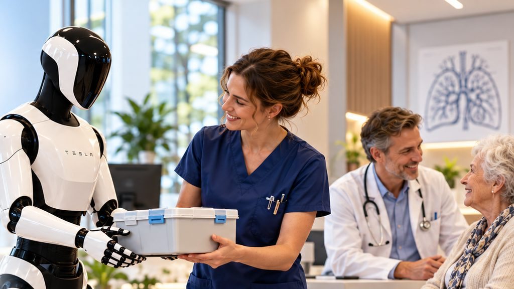 Humanoid robot handing a box of supplies to a practice employee – moving forward together