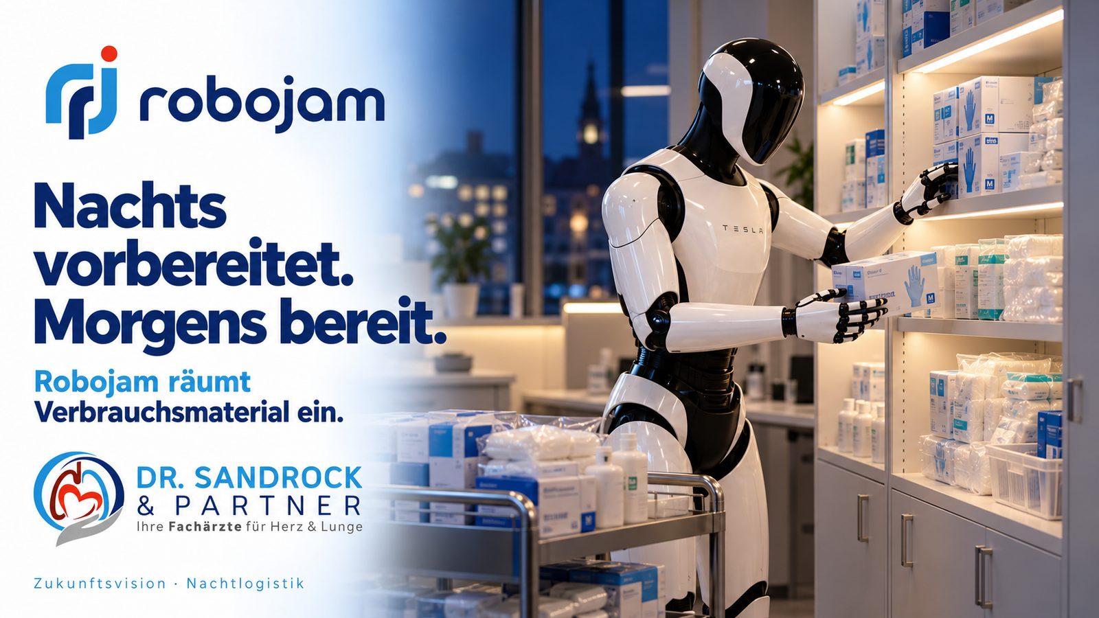 Humanoider Roboter räumt nachts Verbrauchsmaterial in Regale
