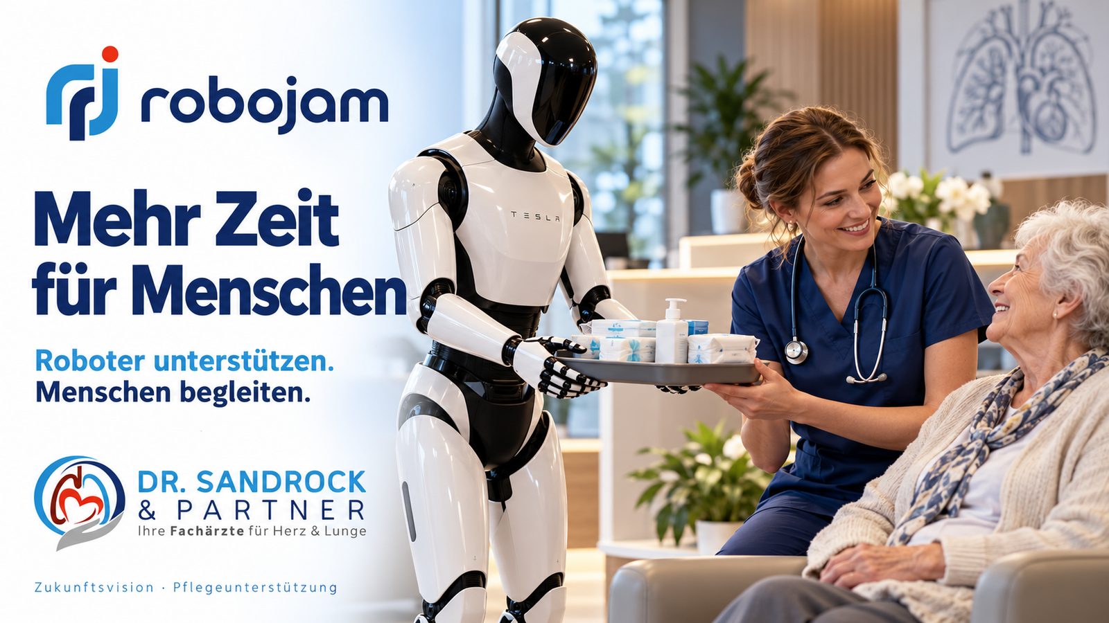 Humanoider Roboter reicht einer Pflegekraft ein Tablett mit Material, eine ältere Patientin lächelt