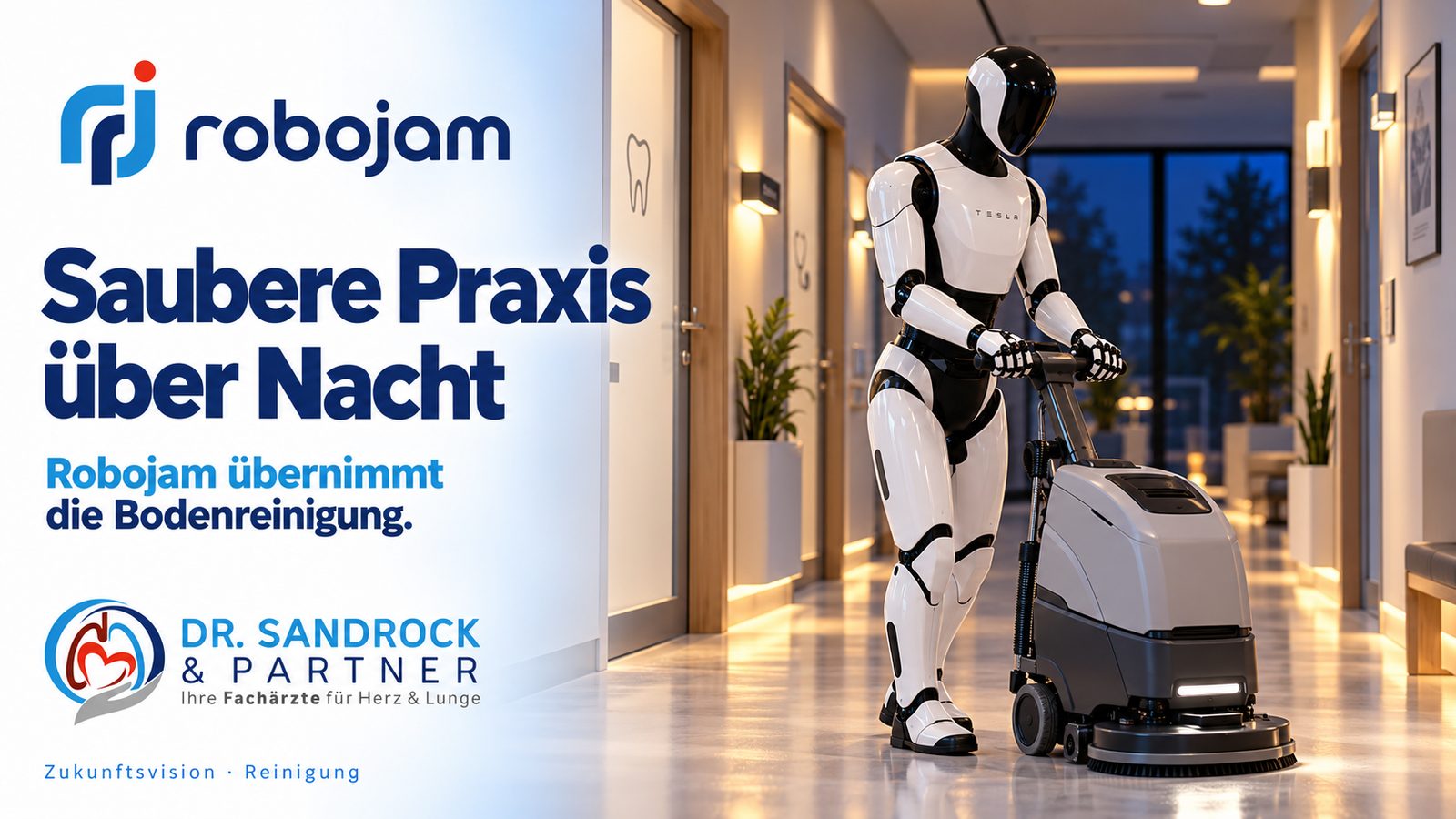 Humanoider Roboter reinigt nachts den Praxisflur mit einer Reinigungsmaschine